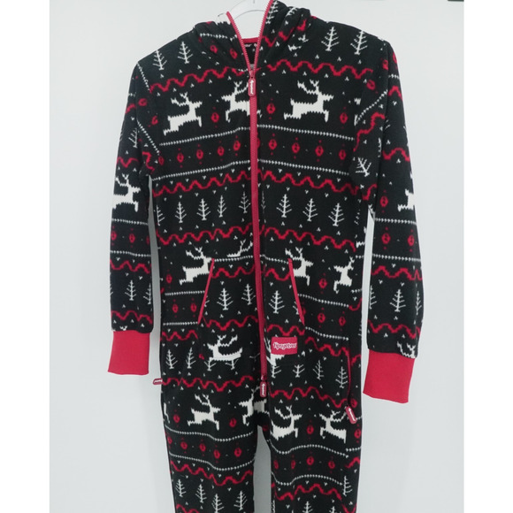 Tipsy Elves Pajamas Adult Small Black Red Deer Jumpsuit One Piece Zip Hooded - Picture 3 of 7